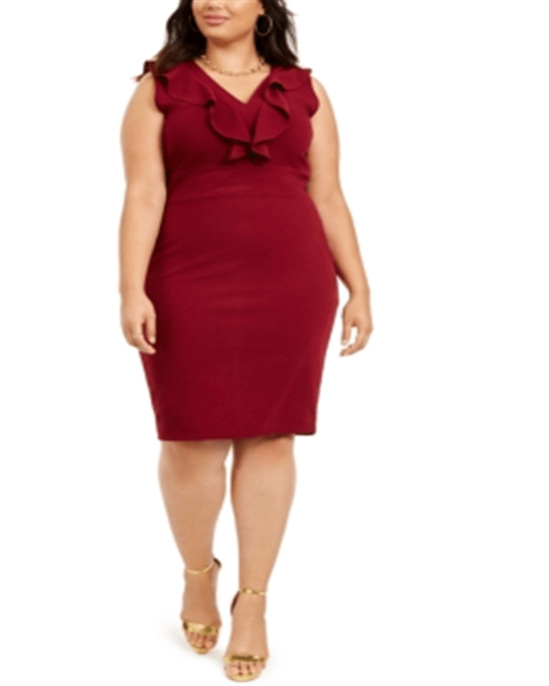 Front of a model wearing a size 3XL Almost Famous Women's Trendy Plus Open Back Ruffled Dress Red Size 3X in Red by Almost Famous. | dia_product_style_image_id:328461